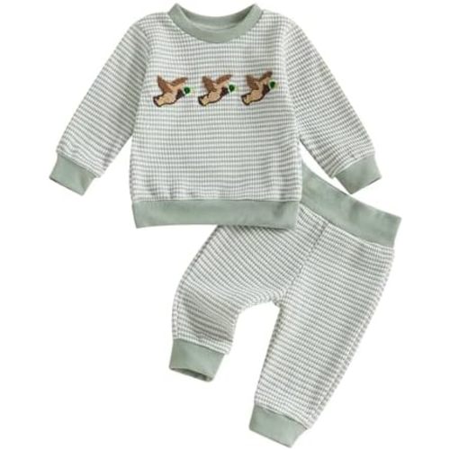 fhutpw Baby Toddler Boy Girl Fall Winter Clothes Embroidery Stripe Pullover Pants Sets Infant Long Sleeve Sweatshirt Outfits