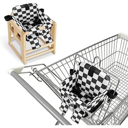 Portable Baby Shopping Cart Seat, High Chair Cover for Outdoor, One-Hand Installation Cart Seat Cover, Comfortable and Supportive Foam-Padded, Grocery Cart Baby Seat – Black-and-White Checkered