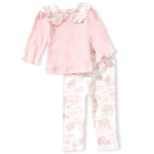 Edgehill Collection Baby Girls Toile Print Peter Pan Collar Top & Knit Leggings 2-Piece Set