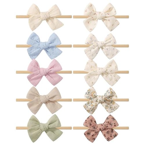 doboi 10PCS Baby Girls Headbands Hair Bows Nylon Cotton Linen Hairbands Handmade Hair Accessories for Newborn Infant Toddlers Little Girl and Kids 3.5Inches