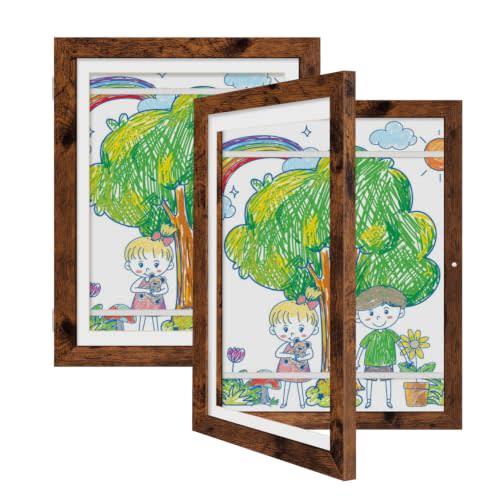 Kids Art Frames 9x12 Set of 2 - Front Opening Childrens Picture Frame Changeable, Wood Artwork Display Storage for Wall Mount, Magnetic Door Holds 50 Art Pieces for Drawings, 3D Picture, Crafts, Portfolio, Dark Brown