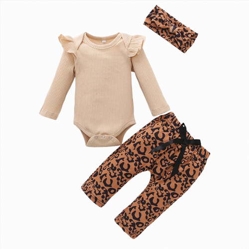 TOWED22 Newborn Baby Girl Fall Winter Clothes 3-Piece Outfits Set Long Sleeve Round Neck Bodysuit Romper Ribbed Pants Headband Set(Beige,0-3 M)