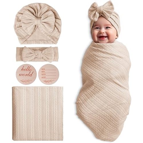 Baby Swaddle Set Newborn - Receiving Headband Blankets and Bow Hat,Newborn Essentials, Soft Nursery Swaddling Blankets，Stretchy Baby Blankets for Girls and Boys Unisex(Light Brown)