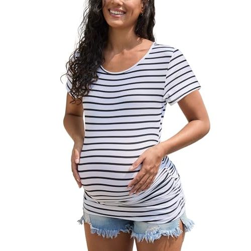 Happy.angel Maternity Shirts Short Sleeves Women's Pregnancy Top Tees Crew Neck Side Ruched Tunic Blouses Summer Clothes