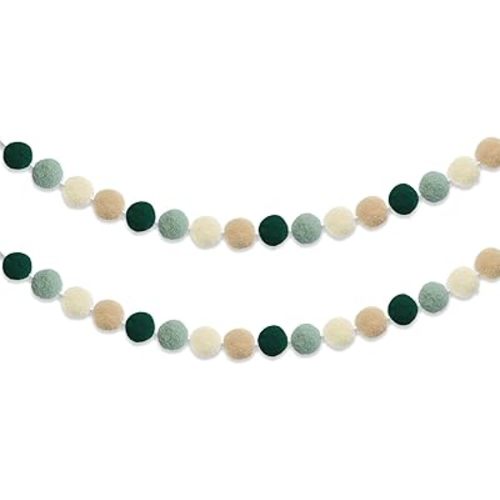 Boho Pom-Pom Felt Garland Sage Green - Set of 2, Sage Nursery Wall Decor, Baby Shower Wedding Backdrop, Christmas Fireplace Mantel, Gender Neutral