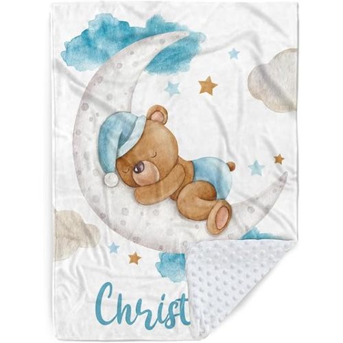 Personalized Baby Blanket for Boys, Custom Baby Blanket with Name, Soft Flannel with Double Layer Dotted Backing, Receiving Swaddle Blanket Suitable for Infants and Toddler, Blue Moon Bear(30”x40)