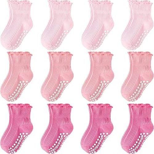 Baby Toddler Girls Socks Grip Ruffle Non Slip Girls Cotton 12 Pack Socks for Kids Cute Ankle 6M-7Years