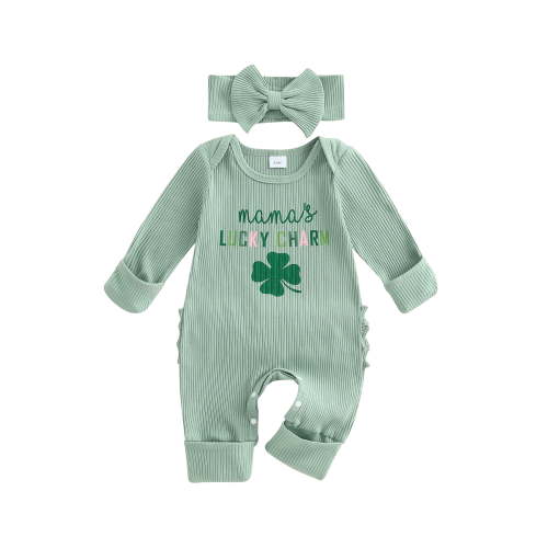 aturustex Infant Girl Irish Jumpsuits Outfit Bow Headband 0 3M 6M Toddler Baby Letter Clover Romper Long Sleeve Ribbed Bodysuits Pants Newborn Fashion Loose Cute 2Pcs Casual Spring Fall Clothes Set