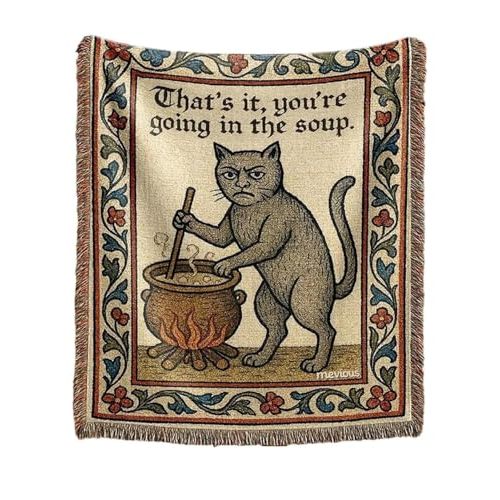 mevious Weird Medieval Cat Woven Tapestry, Vintage Cat Themed Woven Sofa Blanket, Wall Hanging Art Handicrafts, Soft and Cozy Multipurpose Blanket, With Fringe Tassels, Home Decor for Cats Lovers