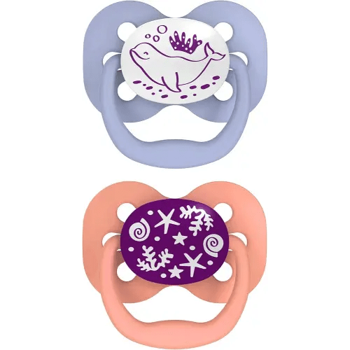 Dr. Brown's Advantage Glow-in-the-Dark Baby Pacifier, Fully Symmetrical Soother with Soft Silicone Bulb, Coral Ocean, 0-6m, BPA Free, 2 Pack