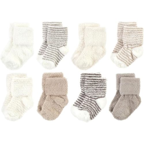 Hudson Baby Unisex Baby Cotton Rich Newborn and Terry Socks, Beige Stripe 8 Pack, 0-6 Months