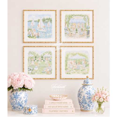 Nursery Wall Art, Bunny Garden Prints, Grandmillennial, Chinoiserie,  Set of 4