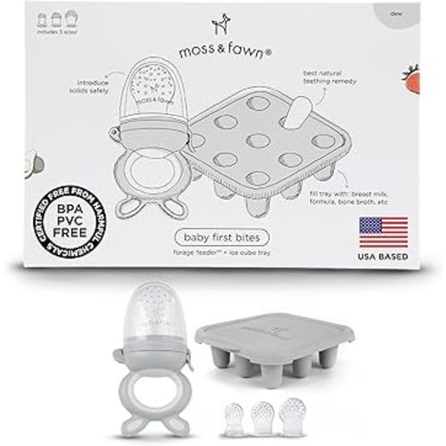 Moss and Fawn Baby's First Bites Bundle - Silicone Frozen Breast Milk Popsicle Kit with Forage Feeder & Teething Popsicle Ice Cube Tray - BPA, PVC, & Lead-Free - Dew