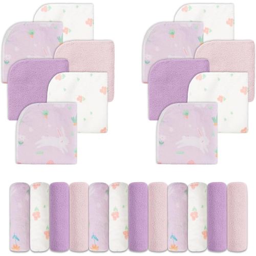 Viviland Baby Washcloths, Super Soft Baby Bath Towels for Newborn 24 Pack, Absorbent Face & Body Wash Cloth for Baby Girl, Purple-Rabbit Pattern, 9 x 9 inch