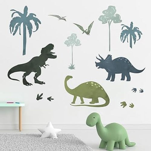 Yovkky Dinosaur Tropical Plant Wall Decals Stickers, Dino Palm Tree Footprints Toddler Baby Nursery Decor, Feet Tracks Paw Prints Home Decorations Kids Bedroom Playroom Art