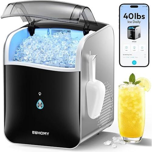 EUHOMY Smart Nugget Ice Maker Countertop, Pebble Ice Maker Machine with APP/Alexa Control, 40lbs/24H, Ready in 7 Mins, Self-Cleaning, Portable Sonic Ice Makers with Hanging Ice Scoop for Home/Office