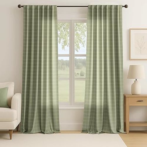 RYB HOME Green Plaid Curtains 84 inch Length 2 Panels Set, Light Filtering Privacy Linen Blend Gingham Curtains for Living Room, Kitchen, Bedroom, Rod Pocket Back Tab, 52" x 84"