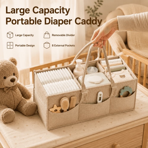 zhiweiWu, Baby Diaper Caddy Organizer, 15 x 9 x 7 in, Khaki