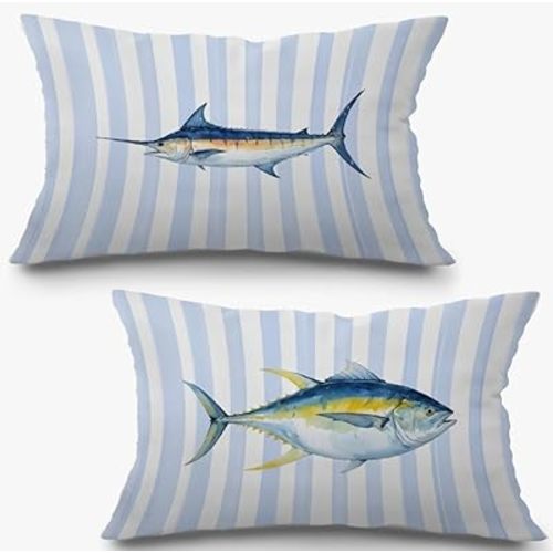 Coastal Beach Fish Pillow Covers 12x20 Set of 2, Ocean Marlin Tuna Fish Blue White Striped Lumbar Throw Pillow Covers for Boys Bedroom Beach House Home