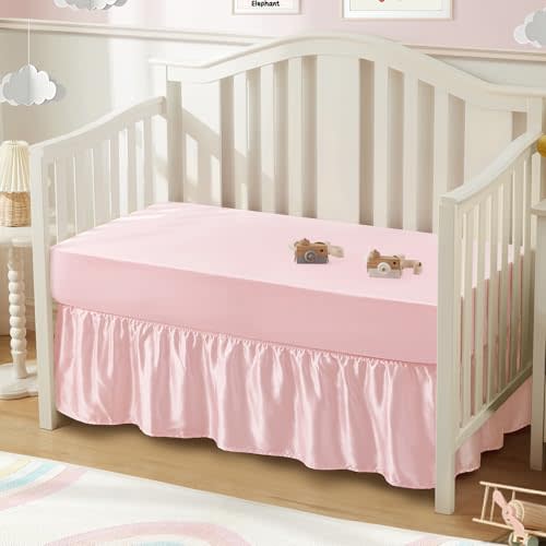 SiinvdaBZX 2-Piece Set Satin Crib Sheets & Crib Bed Skirt, 52" x 28" Silky Soft Ruffled Baby Crib Skirt with Adjustable Elastic 14" Drop, Fit for Standard Crib & Toddler Bedding (Pink)