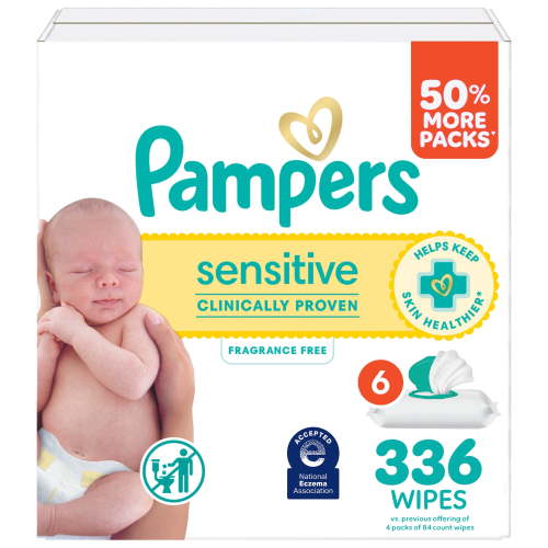 Pampers Sensitive Baby Wipes Unscented 336 Count Hypoallergenic Soft Water-Based for Gentle Clean