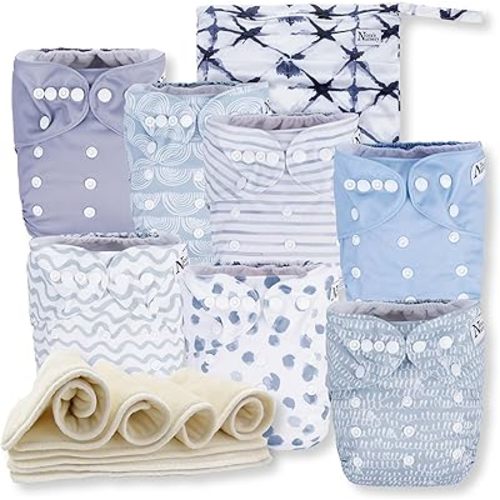 Nora's Nursery Cloth Diapers 7 Pack with 7 Inserts & 1 Wet Bag - Waterproof Cover, Washable, Reusable & One Size Adjustable Pocket Diapers for Newborns and Toddlers - Something Blue