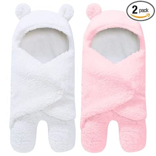 2 Pack Ultra Warm Sherpa Plush Baby Sleeping Swaddle Wrap - Newborn Essentials Must Haves for 0-6 Months - Shower Registry Search Gifts for Boys Girls - Baby Stuff Accessories (Pink and White)