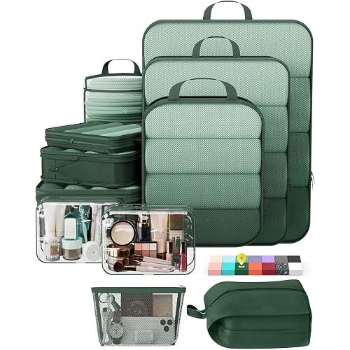Veken 11 Set Compression Packing Cubes Garment Bags for Travel Essentials,Compressible Expandable Luggage Organizer Bags for Clothing,Space Saver Bags with Over 1000 pcs of Mesh Holes(Dark Green)