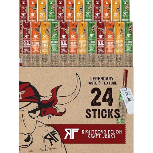 Righteous Felon Variety Meat Sticks | 100% Grass Fed Beef, Turkey & Pork | 210g Total Protein | Gluten-Free, Low Sugar, High Protein Snack Sticks | Individually Wrapped | Jerky Variety Pack, 24 Count