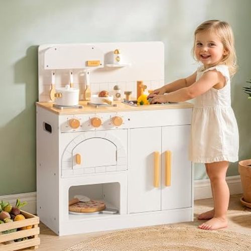 ROBUD Wooden Play Kitchen Set with Pizza Oven, Realistic Water Faucet & Complete Accessories, Pretend Play Chef Kitchen Toy, Toddler Wooden Kitchen Playset for Little Girls Boys Gift，White