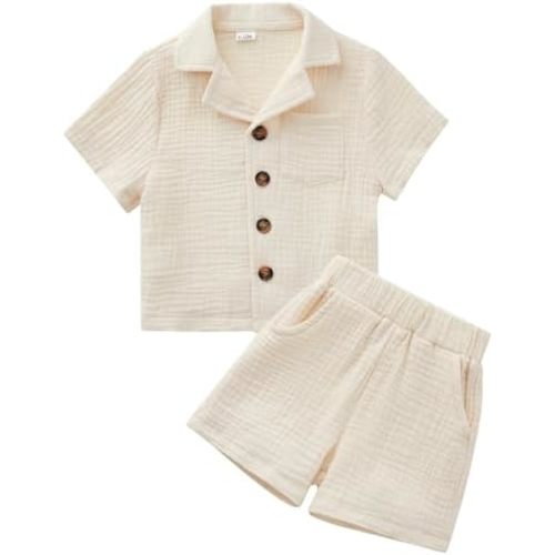 SALNIER Toddler Baby Boy Summer Outfit Set Cotton Button Down Cuban Collar Shirt Shorts 2 Piece Soft Lightweight Breathable