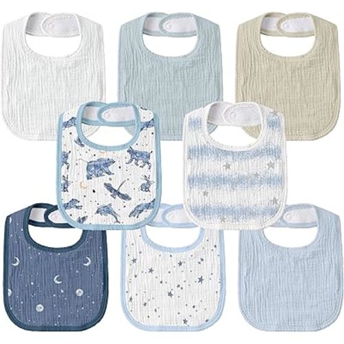 GLLQUEN BABY Muslin Drool Bibs for Boys Girls 8 Pack, Adjustable Baby Bibs for Drooling and Teething, Soft Cotton Baby Bandana Bib for Newborn Feeding Essentials (Star)