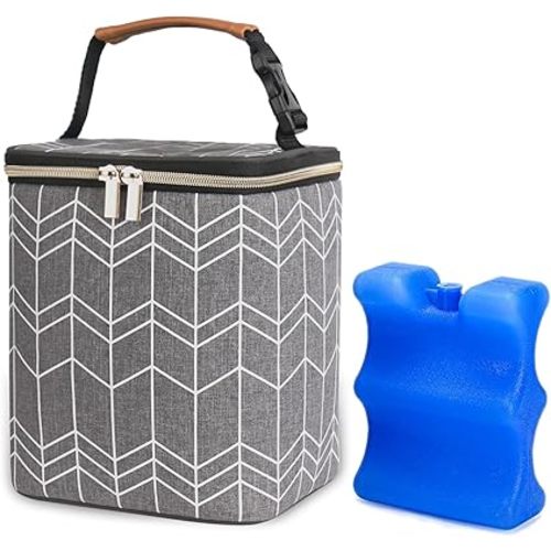 Breast Milk Cooler Bag with Ice Pack Fits 4 Baby Bottles Up to 9 Ounce, Baby Bottle Bag Great for Nursing Mom Daycare, Grey