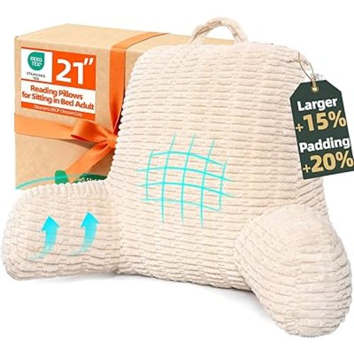 21" Higher Large Reading Pillow for Bed Adult, Back Pillow for Bed Sitting Up with Memory Foam Back Support with Arms Rest for Couch Chair Beige