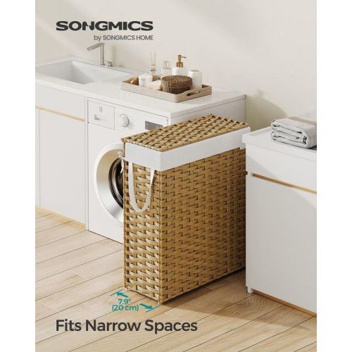 SONGMICS Slim Laundry Hamper with Lid, Synthetic Rattan Clothes Laundry Basket with Lid and Handles, Foldable, Removable Liner, Goose Yellow