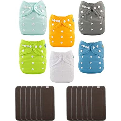 ALVABABY Baby Cloth Diapers/Adjustable Washable Reusable/6 Pack with 12 pcs 5-Layer Charcoal Bamboo Inserts 6BM98-ZTN