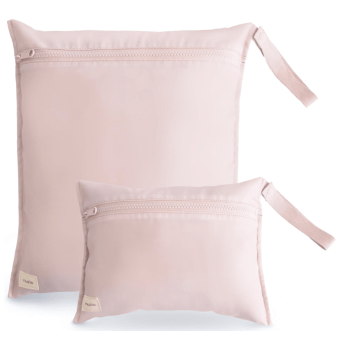 mushie Water Resistant Wet Bags | Large & Small Reusable Storage Bag for Baby Items and Travel | Zippered Pockets with Handle | Machine Washable, Set of 2 (Pink)