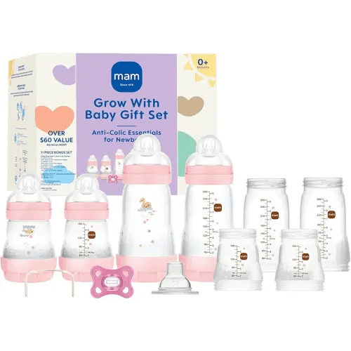 MAM Grow with Baby Feeding Set, Newborn Essentials Must Have for 0-3 Months, Anti-Colic Bottles, Pacifiers and Skinsoft Silicone Nipples, Baby Gift 11 Piece, BPA Free for Girl