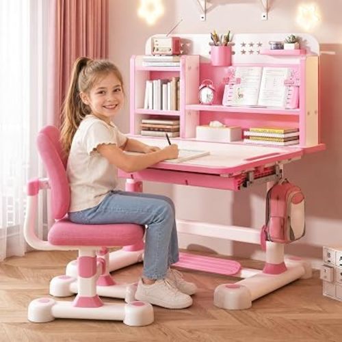 Kids Desk and Chair Set, Height-Adjustable Tilt Desktop, Bookshelf, Drawer