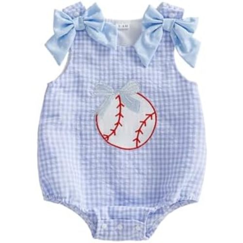 Newborn Baby Girl Baseball Outfit Baseball Embroidery Sleeveless Gingham Bubble Romper Plaid Bodysuit Summer Clothes
