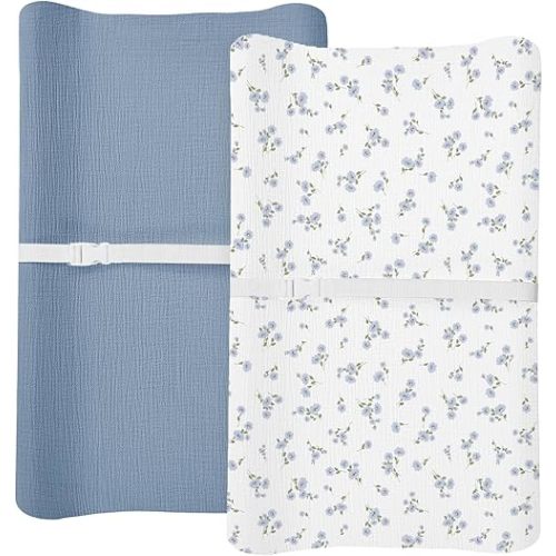 Changing Pad Cover for Baby Boy Girl 2 Pack, Muslin Changing Table Pad Covers with Boho Style, Neutral Nursery Bedding Essentials Soft and Breathable (Bluebell Bloom & Light Blue)