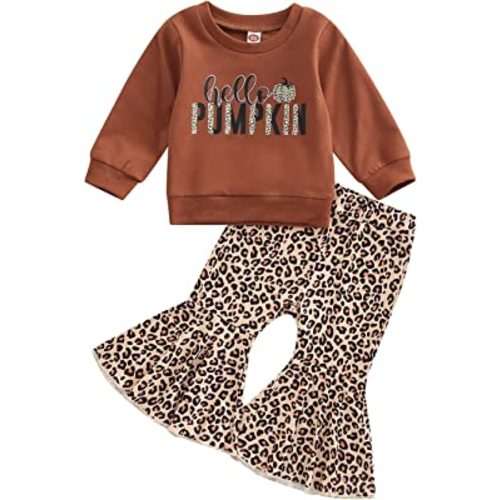 Madjtlqy Baby Girl Bell Bottoms Halloween Clothes Set Letters Pumpkin Printed Long Sleeve Sweashirt Tops + Flared Pants