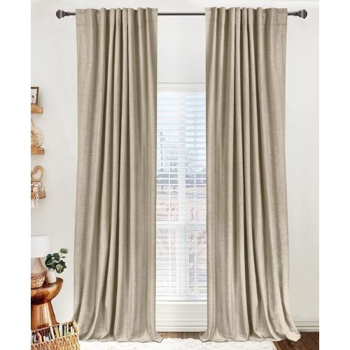 100% Blackout Shield Linen Blackout Curtains for Bedroom 90 Inches Long, Back Tab/Rod Pocket Living Room Drapes, Thermal Insulated Blackout Curtains 2 Panels Set, 50" W x 90" L, Oatmeal