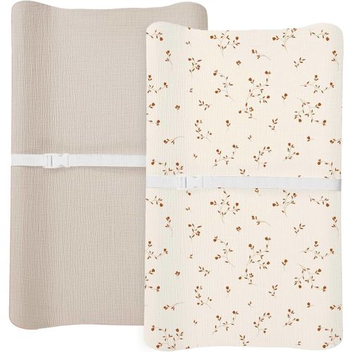 Changing Pad Cover for Baby Boy Girl 2 Pack, Muslin Changing Table Pad Covers with Boho Style, Neutral Nursery Bedding Essentials Soft and Breathable (Flower H & Beige)