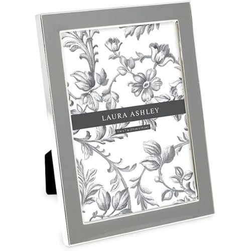 Laura Ashley 5x7 Gray Enamel Picture Frame, Silver Metal Edge with Easel, for Countertop, Counterspace, Tabletop Display, Bookshelf, Desk, Wall Décor, Photo Gallery (5x7, Gray W/Silver)