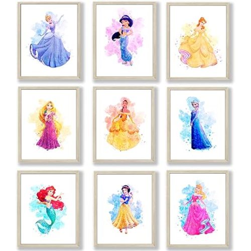 HerZii Prints Princess Wall Art Decor - Watercolor Prints Set of 9 - 8 x 10 Inch - Princess Bedroom Decor, Wall Decor For Girls Room