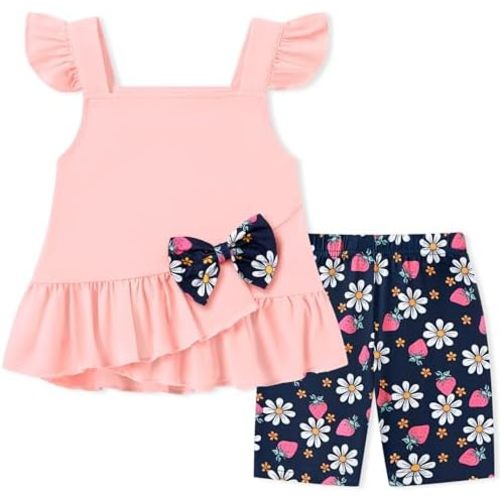 Toddler Baby Girl Clothes 12M-5T Girls Spring Summer Outfit, Sleeveless Ruffle Bowknot Top + Floral Short 2 Piece Set