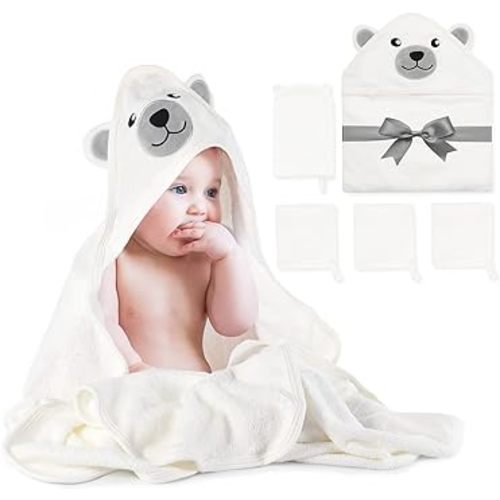 Momcozy Baby Hooded Towel, 8-Piece Bath for Boys or Girls, Washcloth Set with Cute Design, Shower Towel Gift for Newborns, Infants and Toddlers