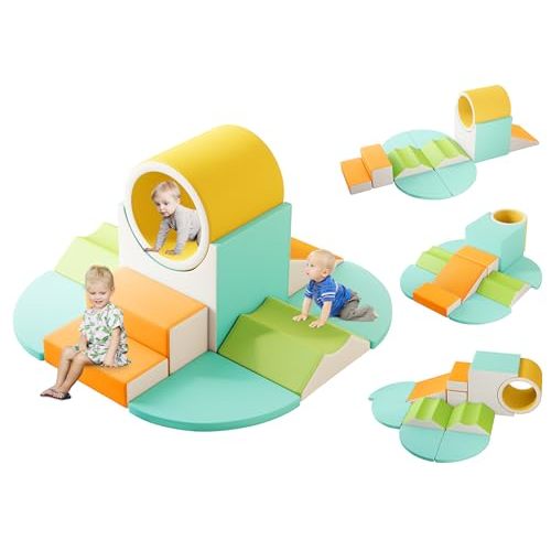 MOOITZ Soft Play Climbing for Toddlers, 10pcs Foam Climbing Blocks for Toddlers for Nursery, Living Room, Baby Climbing Blocks with Tunnel for Climb,Crawl and Slide (Orange)