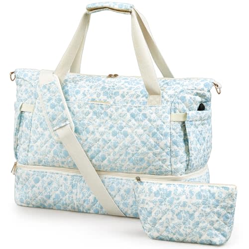 Sunnymove 2 Pcs Large Floral Weekender Bags Quilted Duffle Bag for Women, Personal Item Travel Overnight Bag with Shoes Compartment and USB Charging Port, Carry on Bags for Travel Weekend Hospital Gym